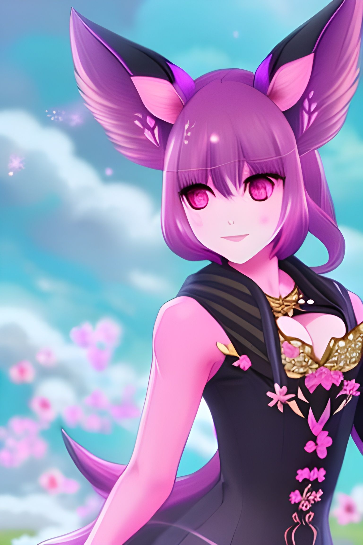 Cute Anime Kitsune Girl in Sakura Garden