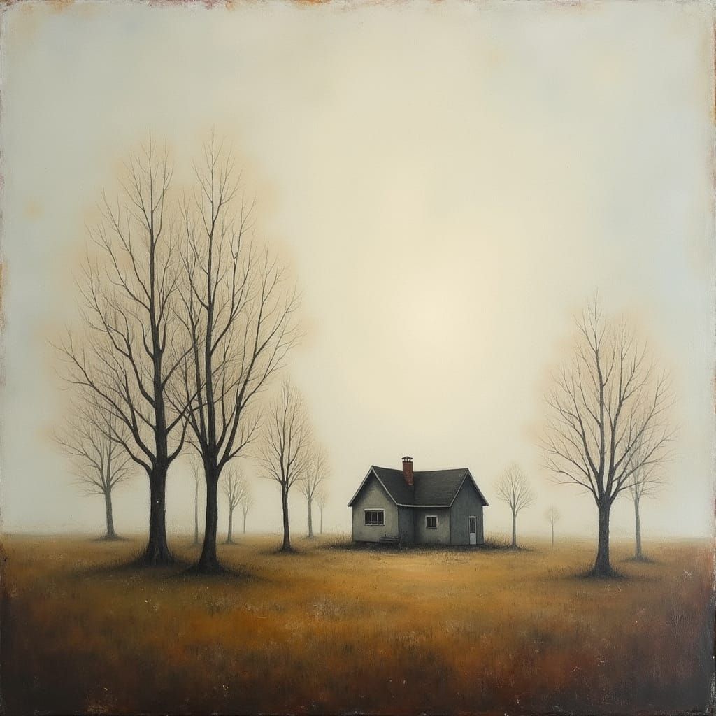 Dreamy Landscape Painting with Barren Trees and House