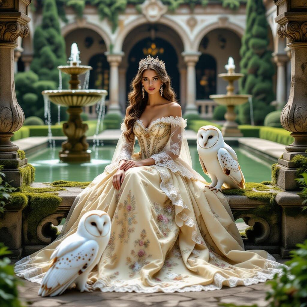Princess and Owl in Dreamy Palace Courtyard