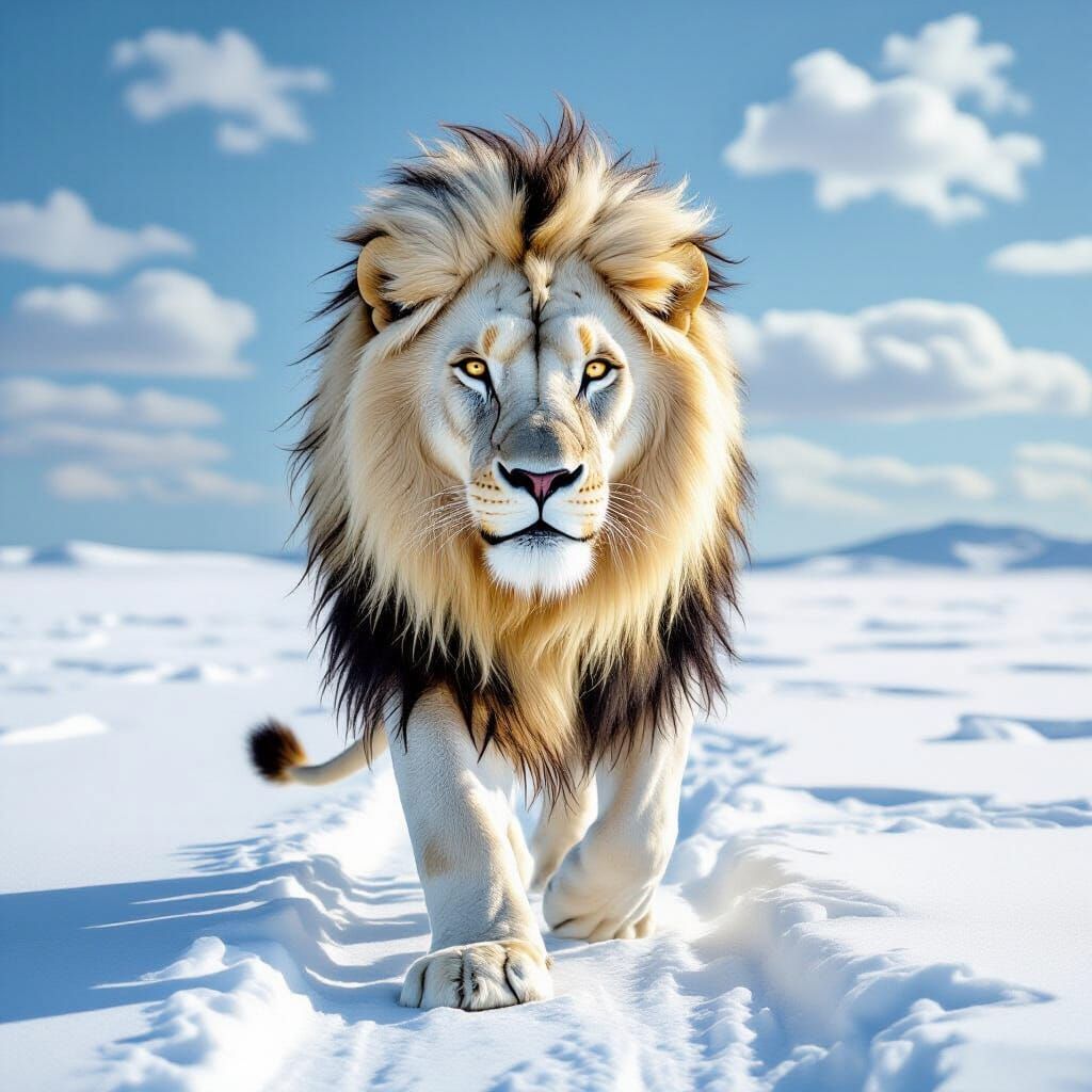 Majestic White Lion in Snowy Landscape, Surrealist Oil Paint...