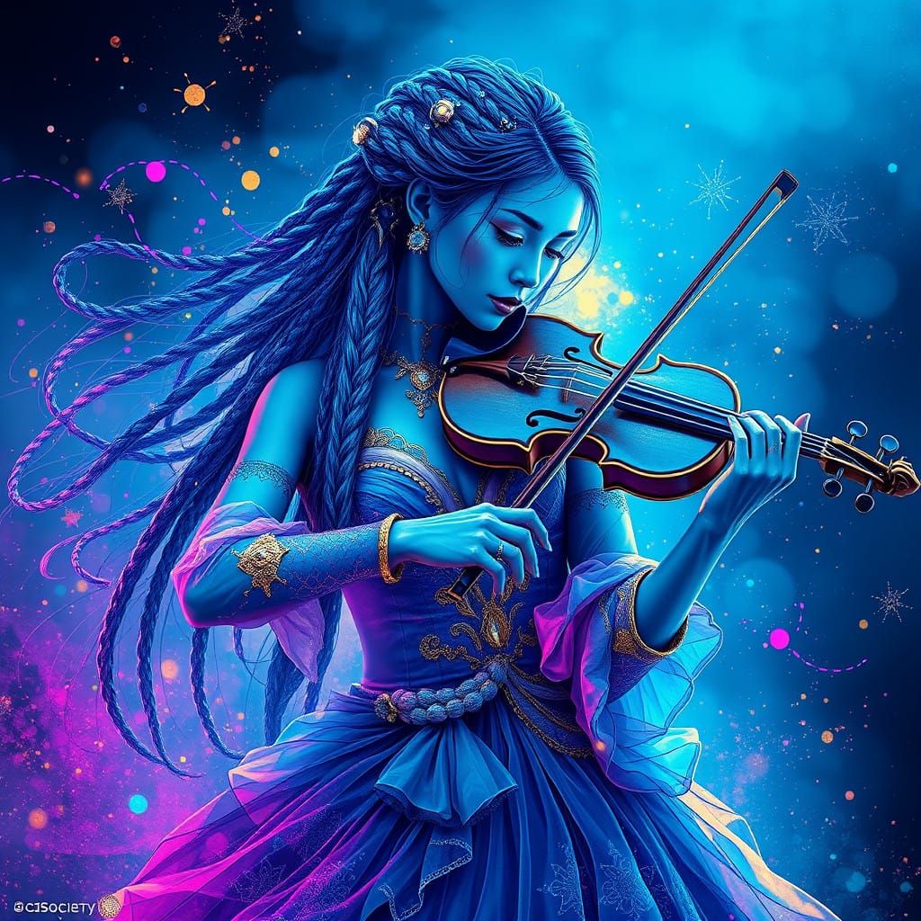Ethereal Indigo Goddess Plays Enchanted Violin