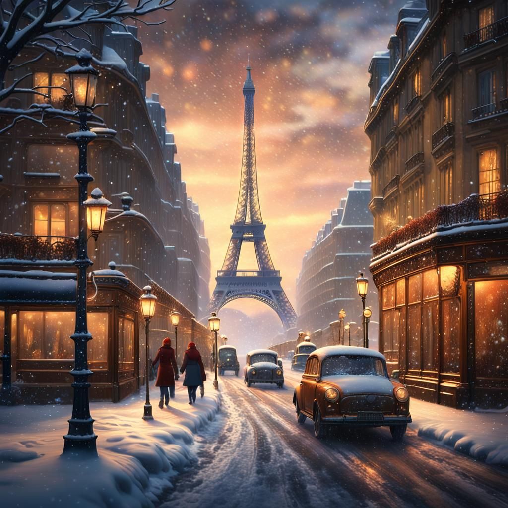 Eiffel Tower Winter Scene in Digital Painting Style