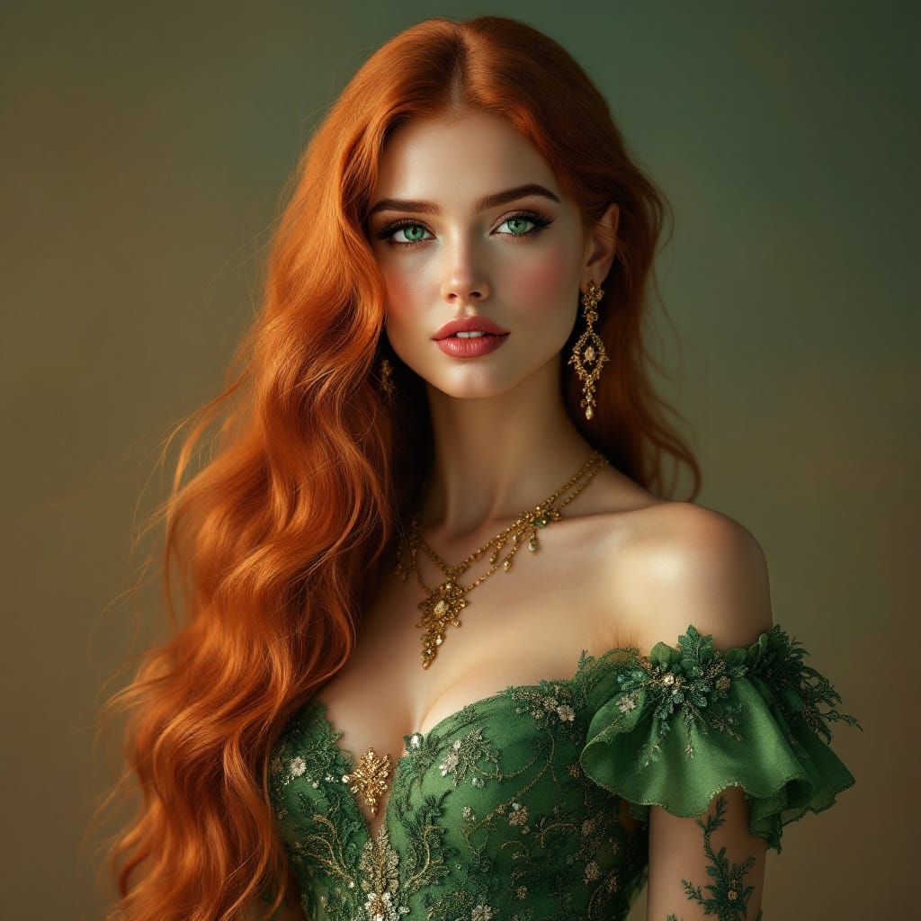 Elegant Green-Eyed Beauty in Vibrant Evening Gown