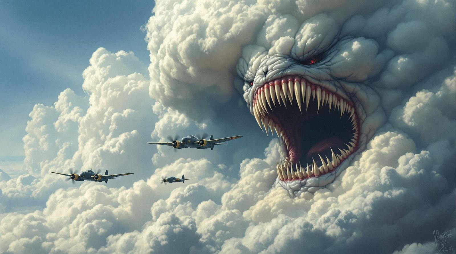 WWII Bombers Encounter Cloud Monster in Fantasy Art