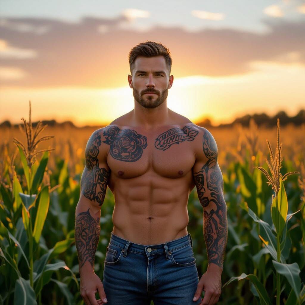Rugged Man in Cornfield at Golden Hour
