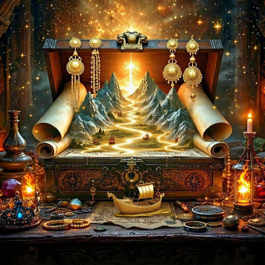 Treasure chest with map and treasures