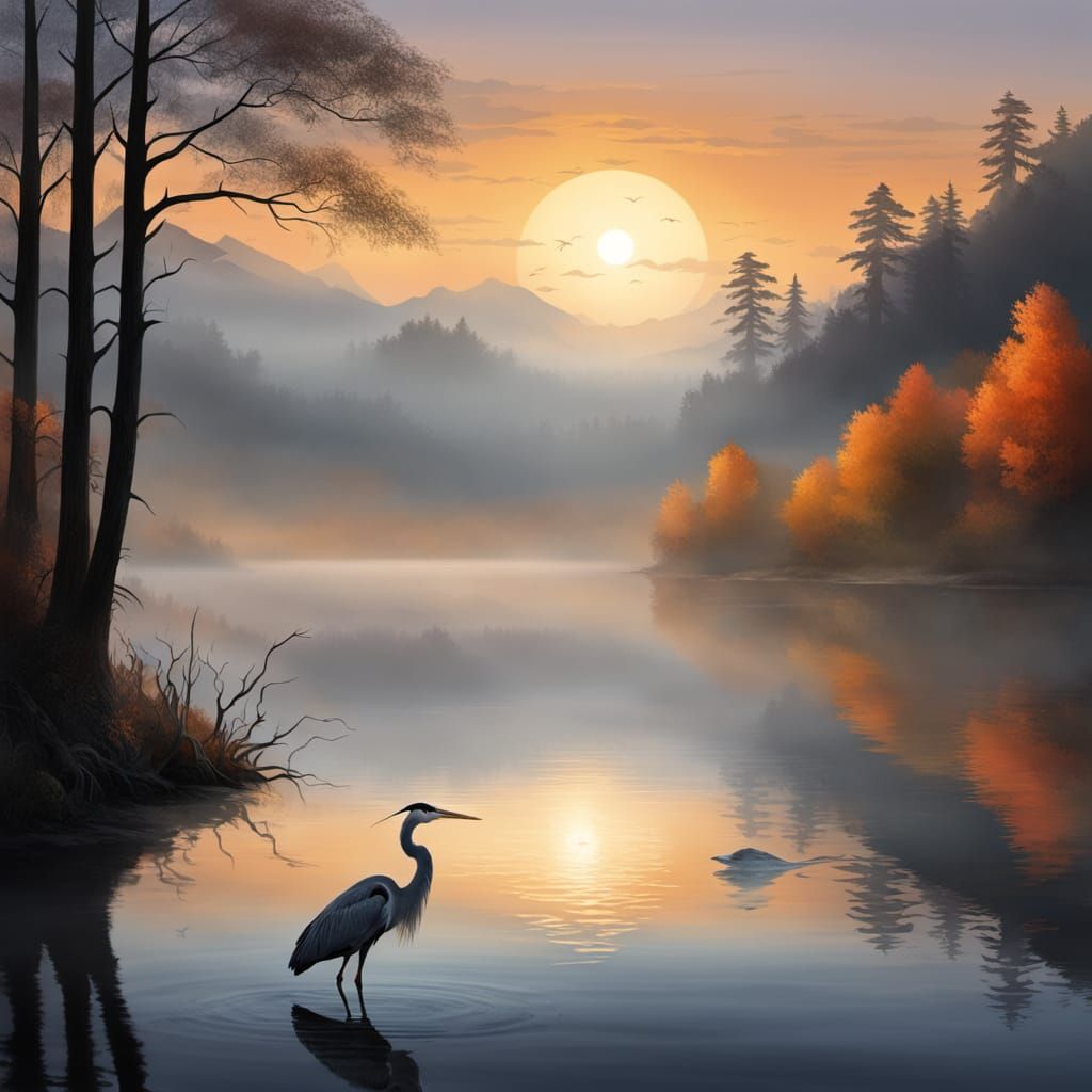 Serene Heron Silhouette in Golden Sunrise
