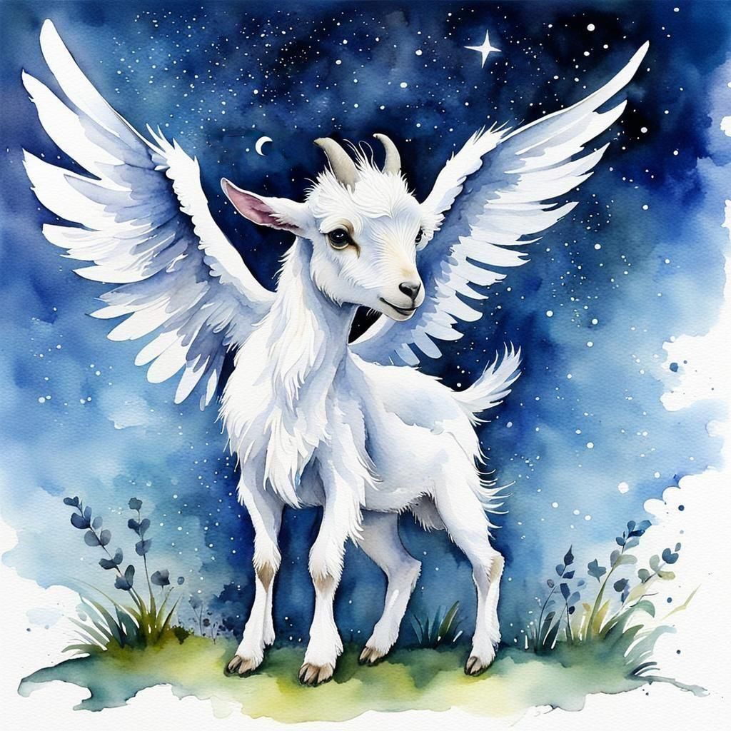 Watercolor Winged Goat Fairy in Twilight