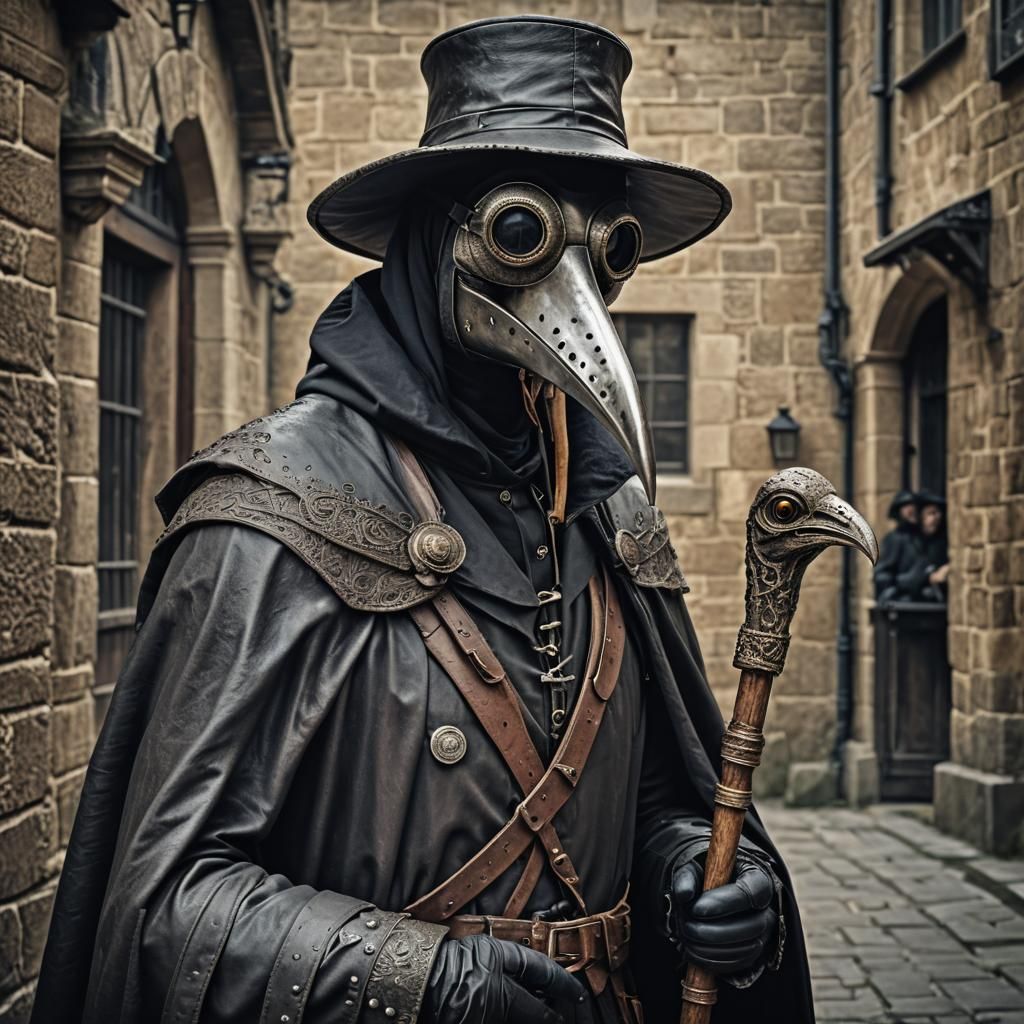 Medieval Plague Doctor in Leather Cloak, Hyperrealistic