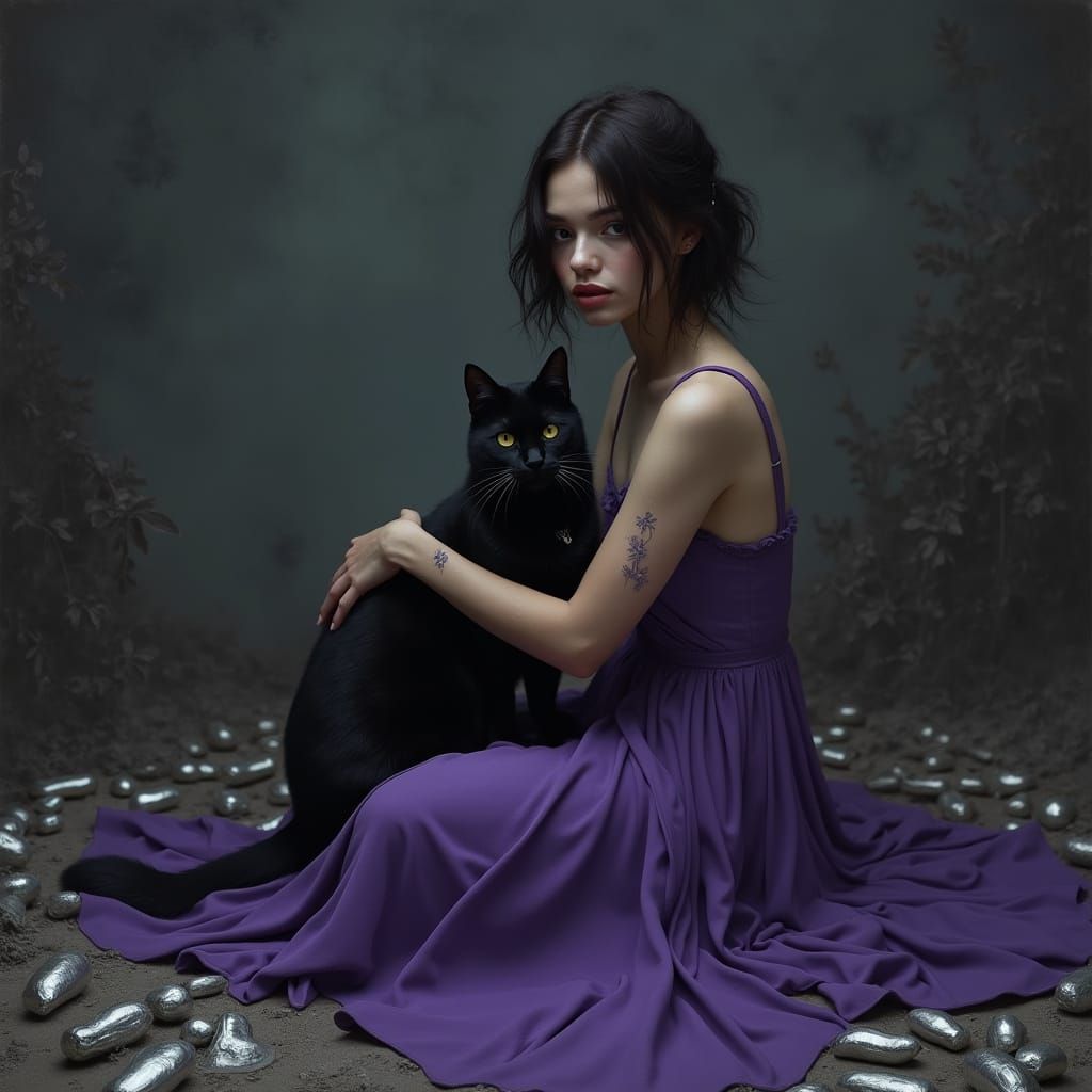Melancholic Brunette with Cat in Moody Digital Art