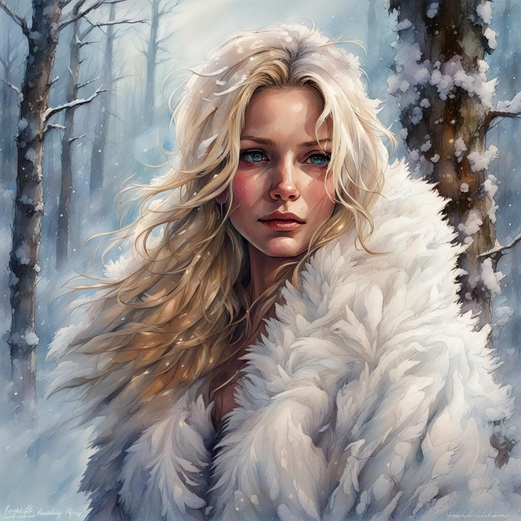 Blonde Girl Portrait in Snowy Woods, Digital Art