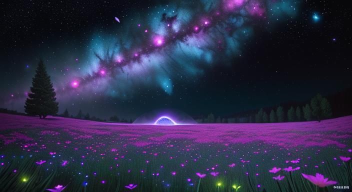 Bioluminescent Wildflower Field Under Cosmic Sky