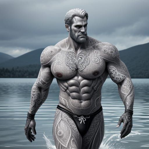 Fractal Water Sculpture of a Chiseled Male Form Emerging fro...