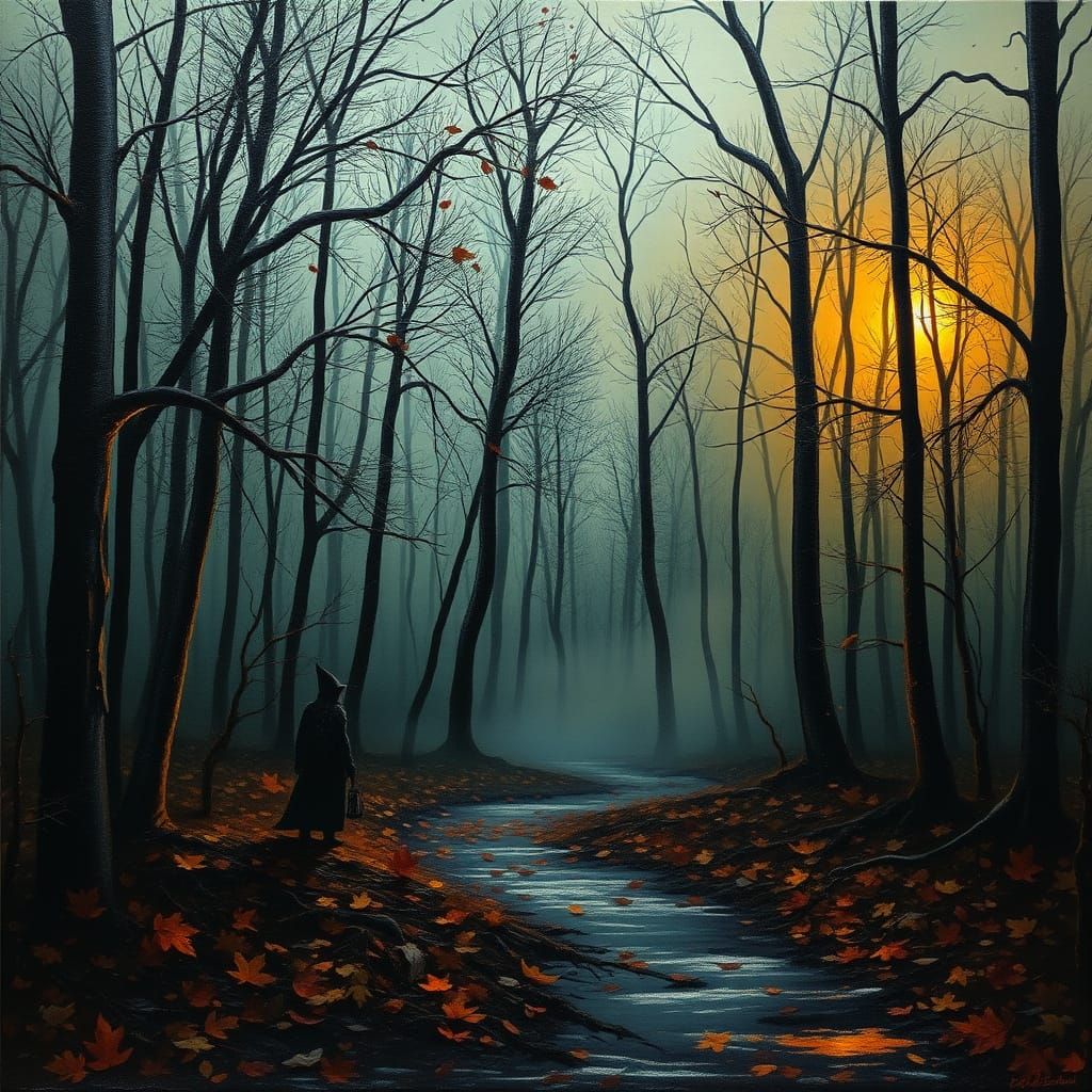 Mystical Autumn Forest at Twilight in Impasto Style
