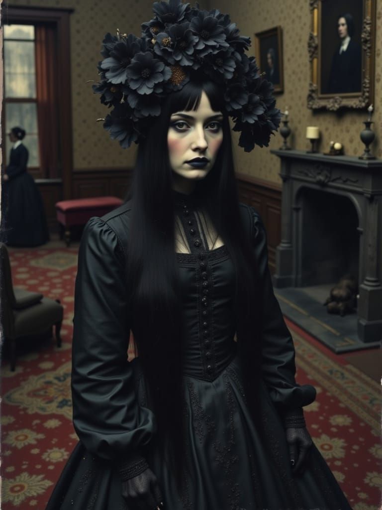 Goth Woman in Gloomy Victorian Parlor Oil Painting