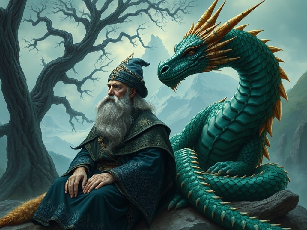 Regal Wizard and Majestic Dragon Contemplate Life in a Fanta...
