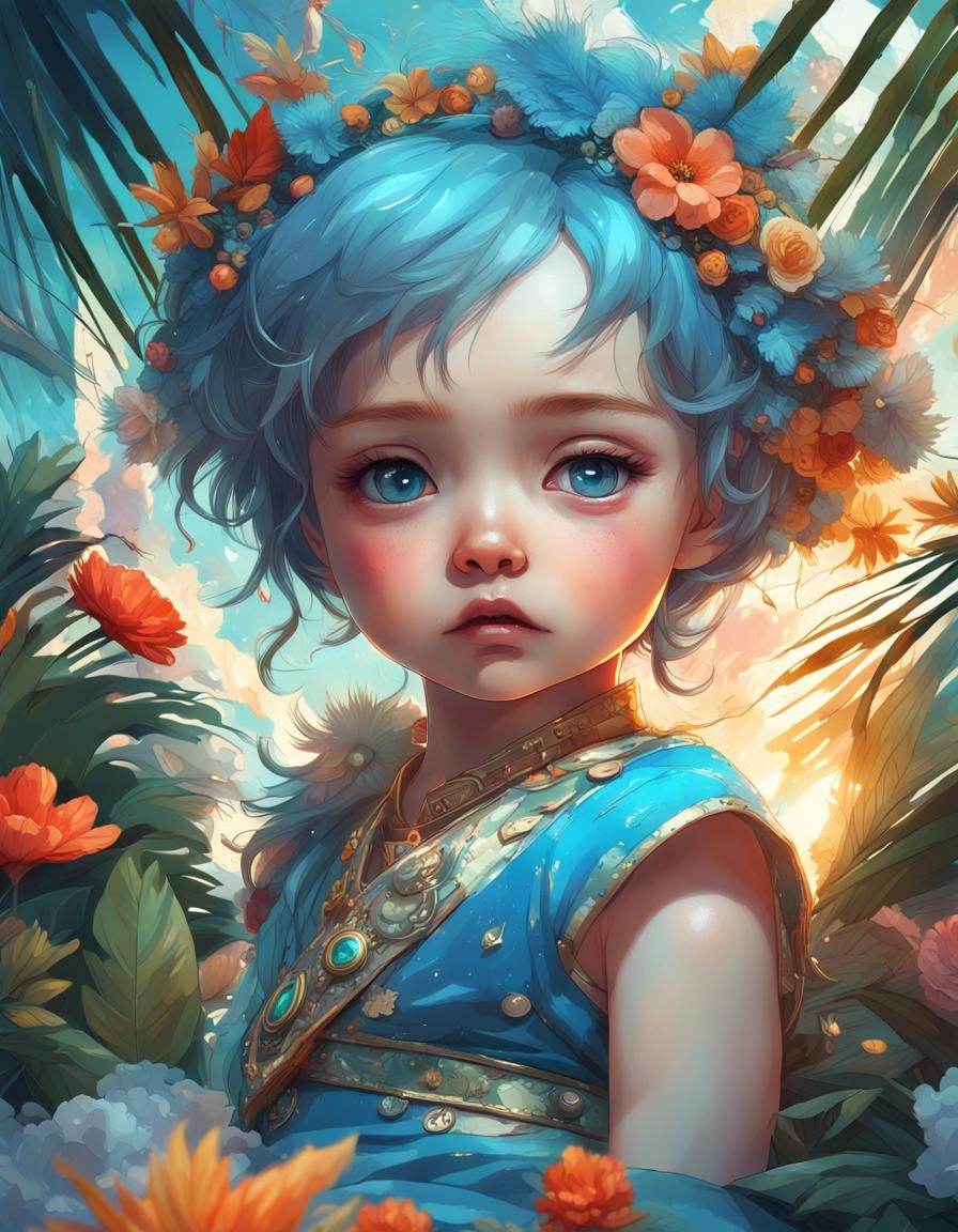 Cute Baby Fairy in Summer Wonderland, Digital Art