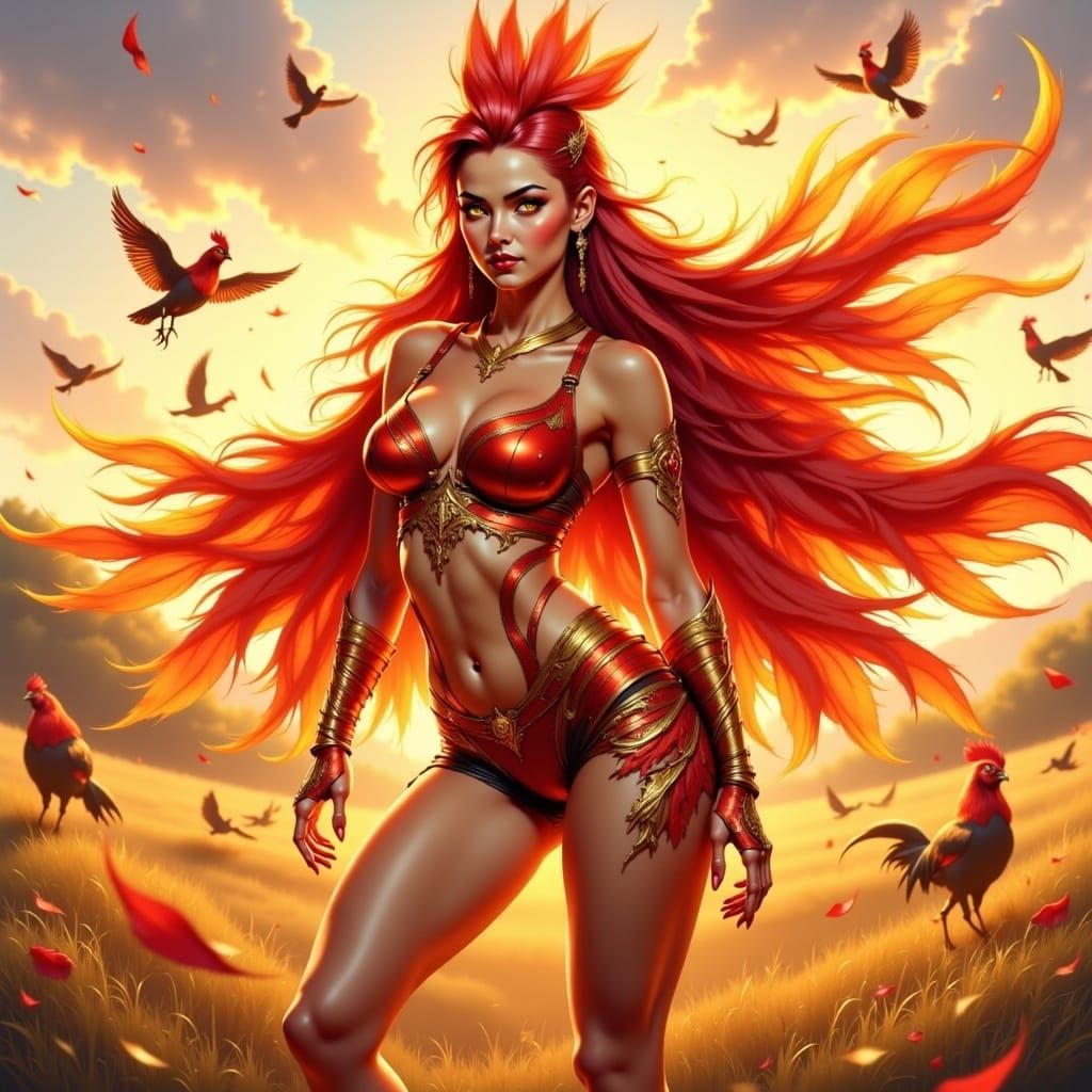 Anime Rooster Woman with Fiery Hair in Sunrise Field