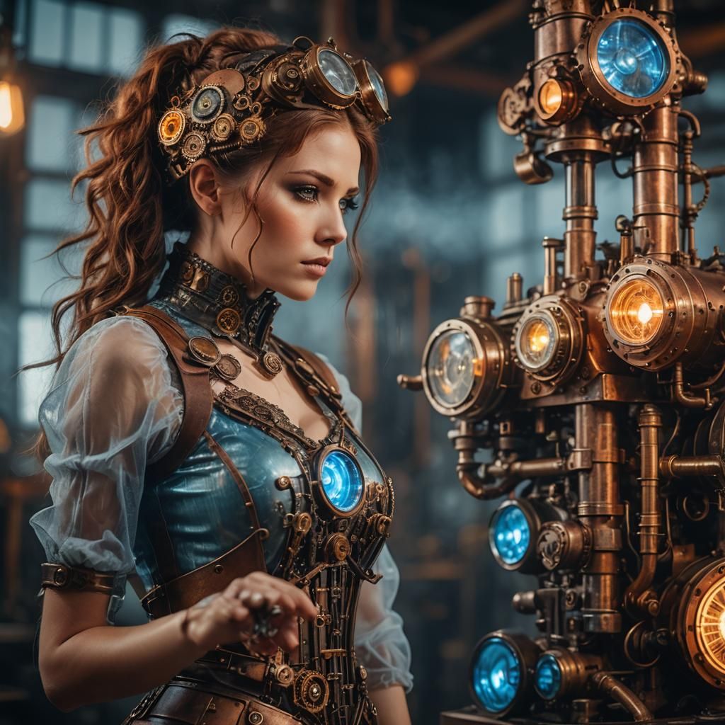 Steampunk Glass Woman and Engine