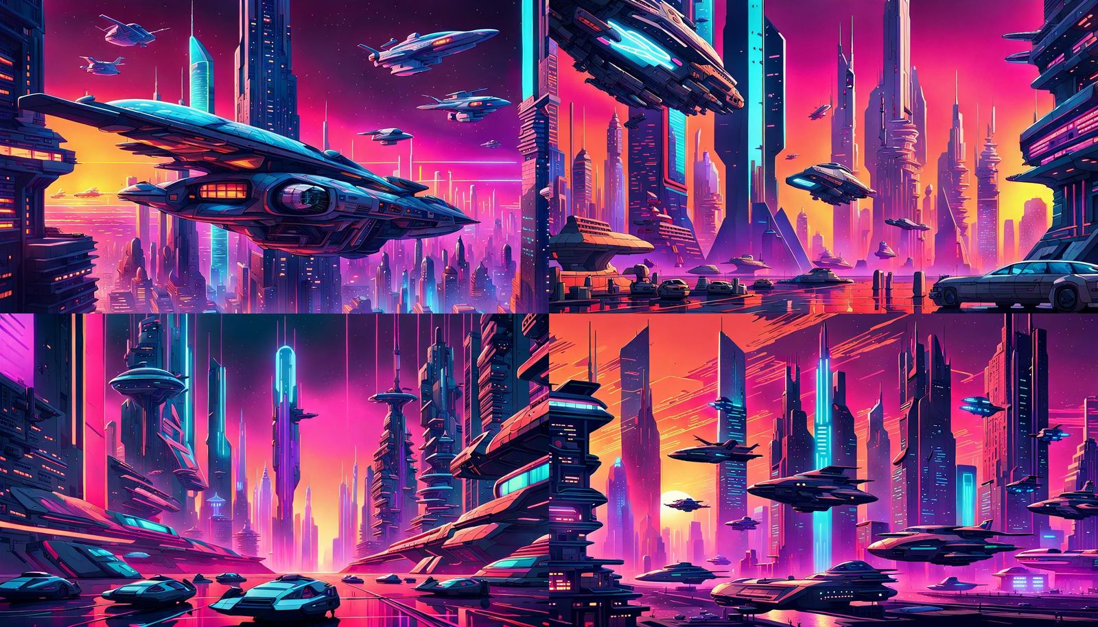 Cyberpunk Megacity with Flying Cars in Synthwave Style