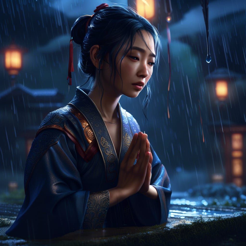 Asian Girl Praying in the Rain: Fantasy Art
