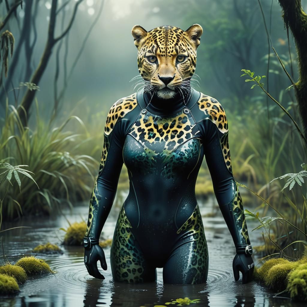Hyperrealistic Leopard Woman Emerging from Swamp