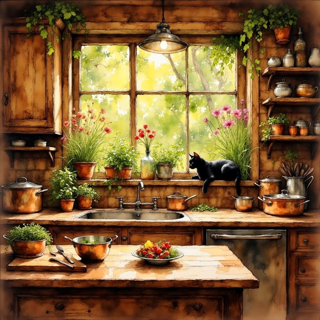 Cozy Kitchen Scene with Black Cat