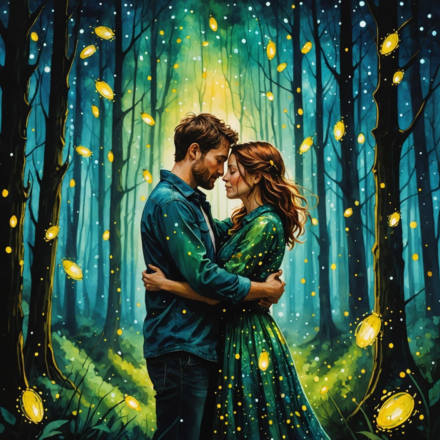 Romantic Forest Encounter in Alcohol Ink Style