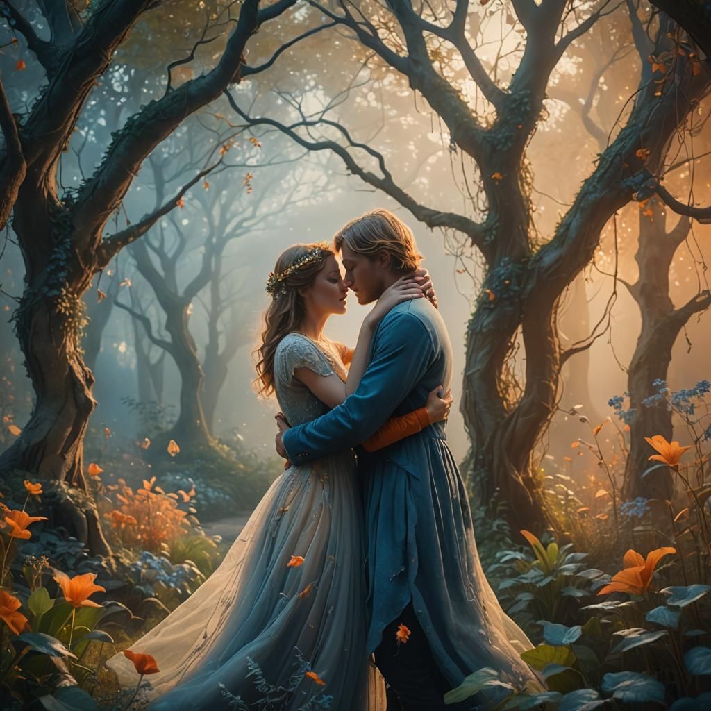 Soulmates Embrace in Mystical Garden: Dreamy Digital Art