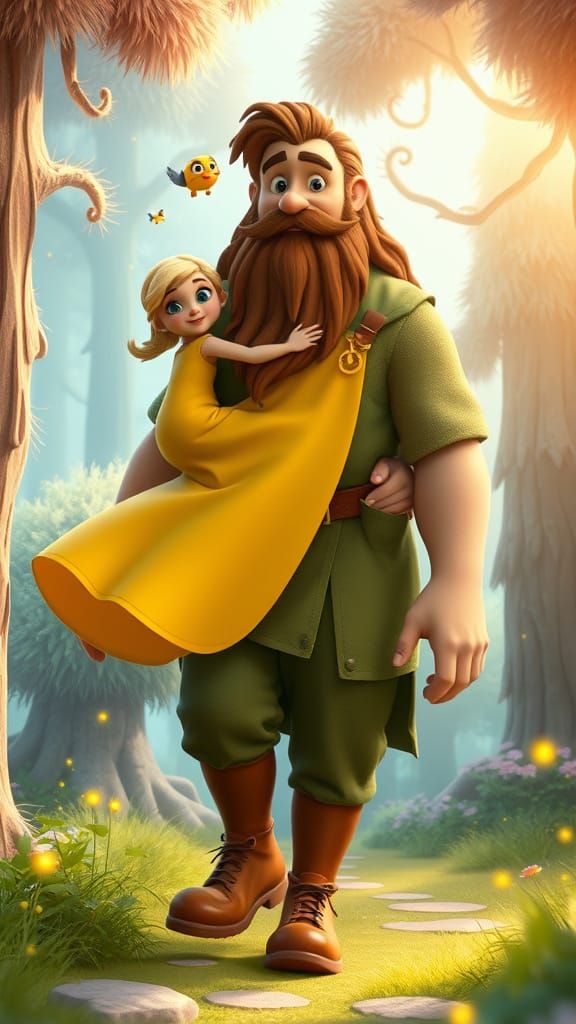 Girl Rides Giant Through Whimsical Fantasy Forest