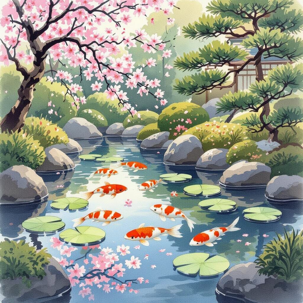 Serene Koi Pond in Japanese Watercolor Style