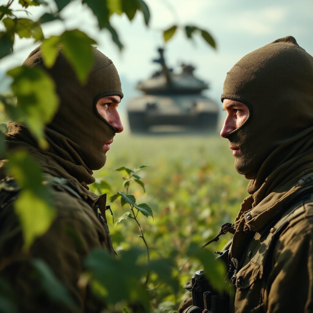 Soldiers in Red Camo Observe Tank in Kursk
