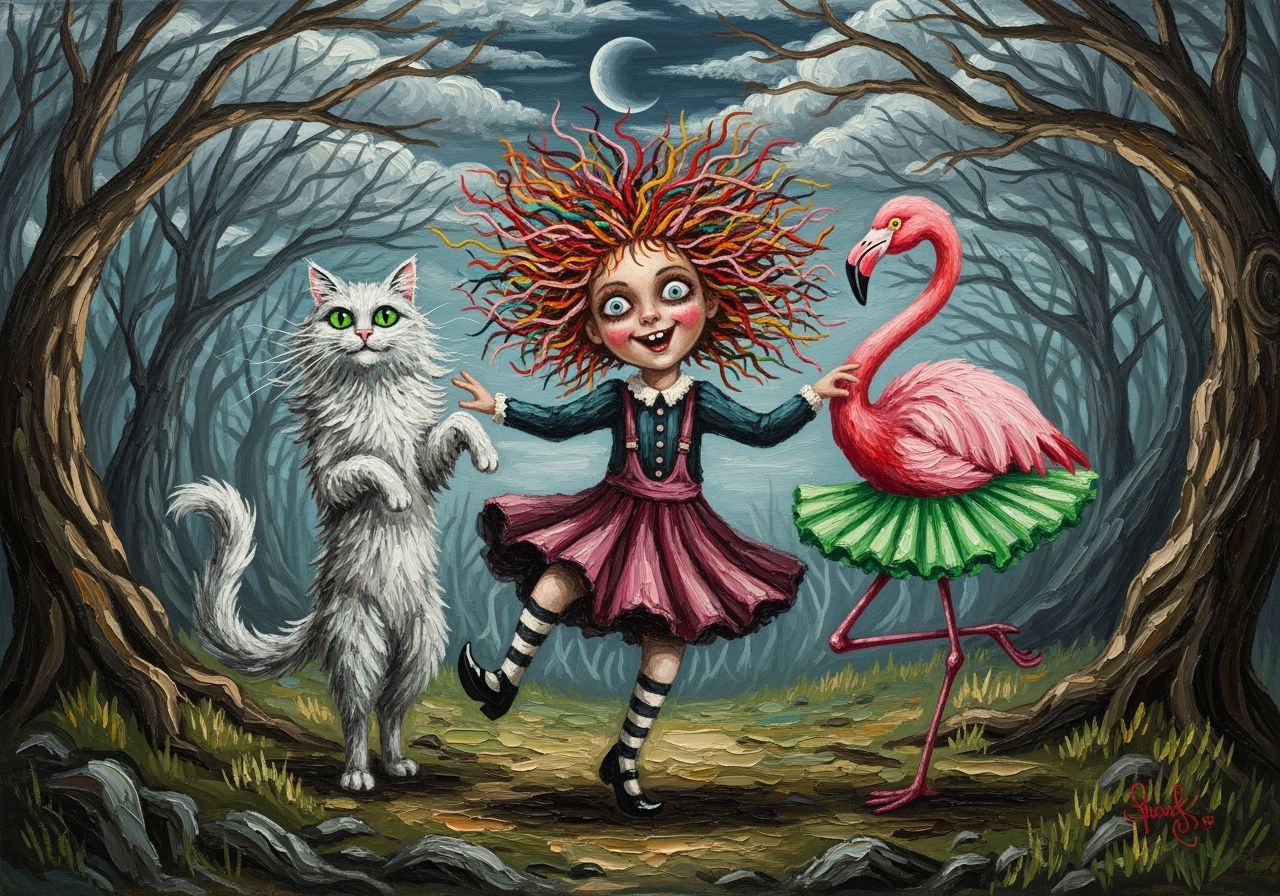 Whimsical Gothic Storybook Girl Dancing in Forest