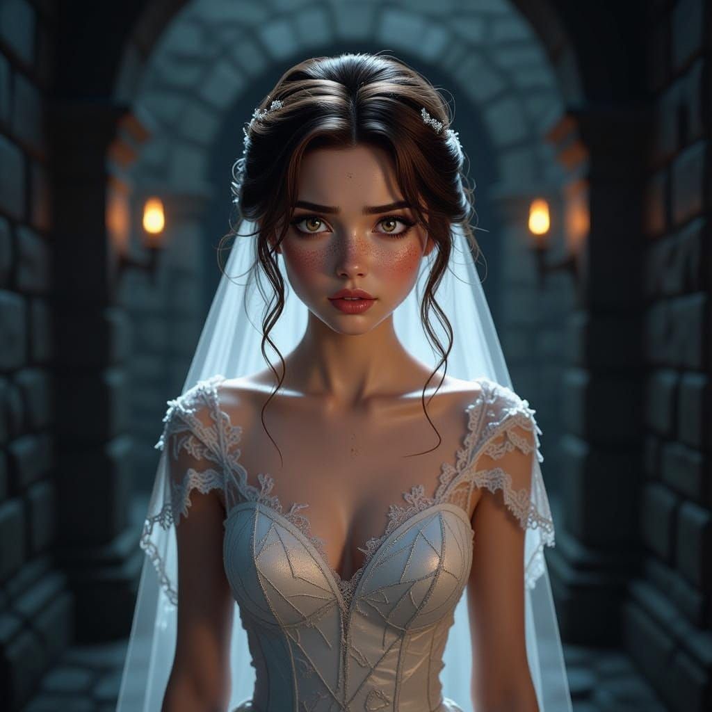Frightened Bride in Ruined Dress in Dark Corridor