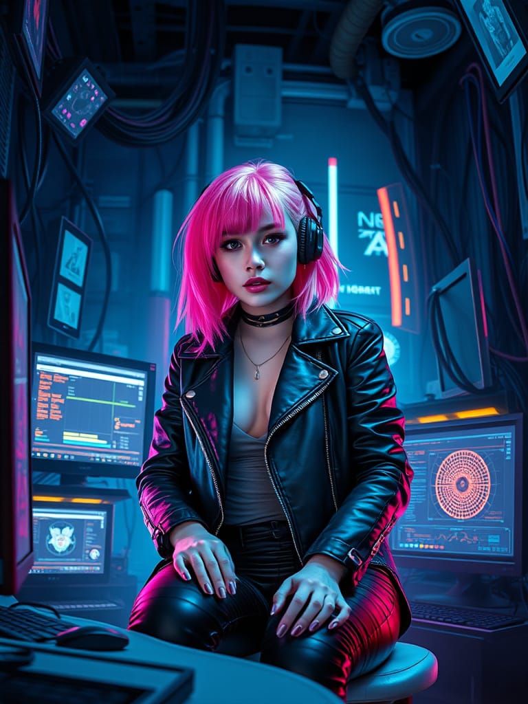 Cyberpunk Woman with Neon Pink Hair in Cityscape