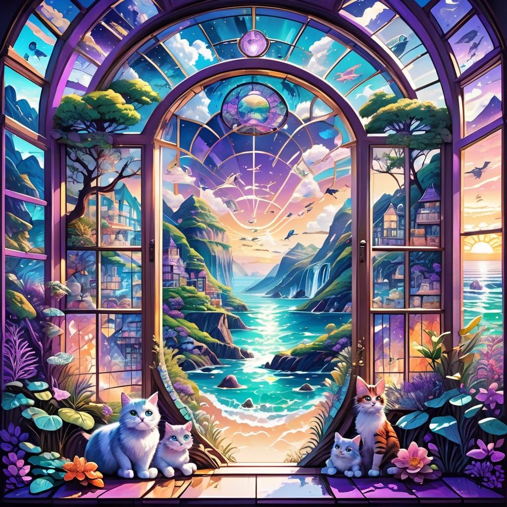 Whimsical Cat Paradise Through Majestic Glass Windows