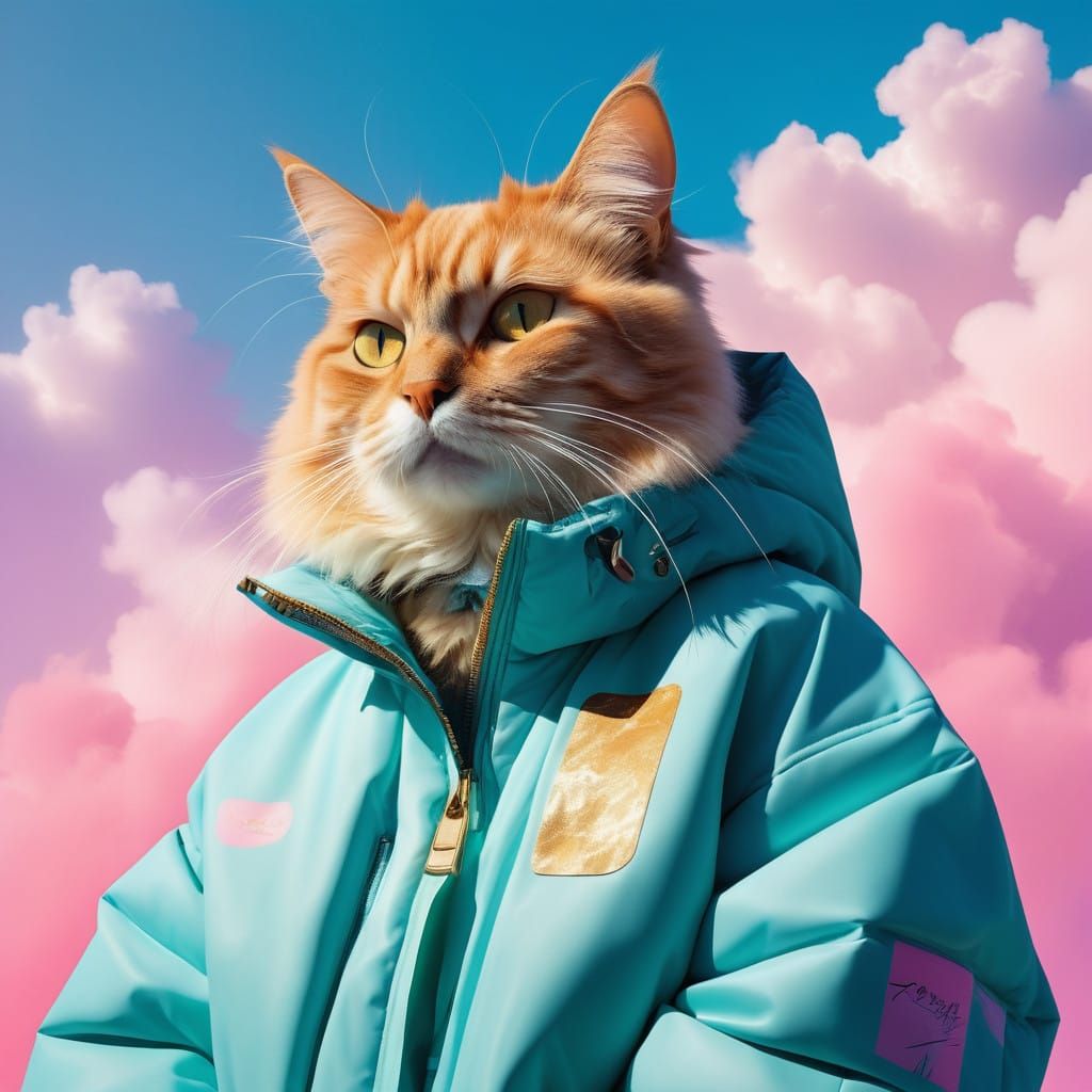 Regal Cat in Oversized Puffer Jacket with Distressed Poncho