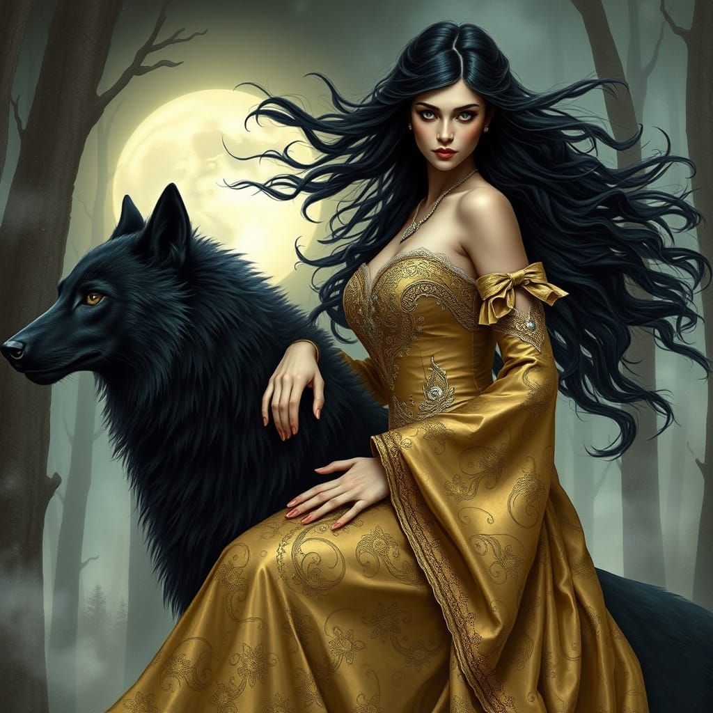 Ethereal Goddess Rides Moonlit Wolf