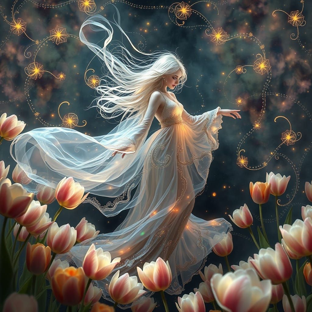 Whimsical Goddess of Nature in Iridescent Attire Amidst Tuli...