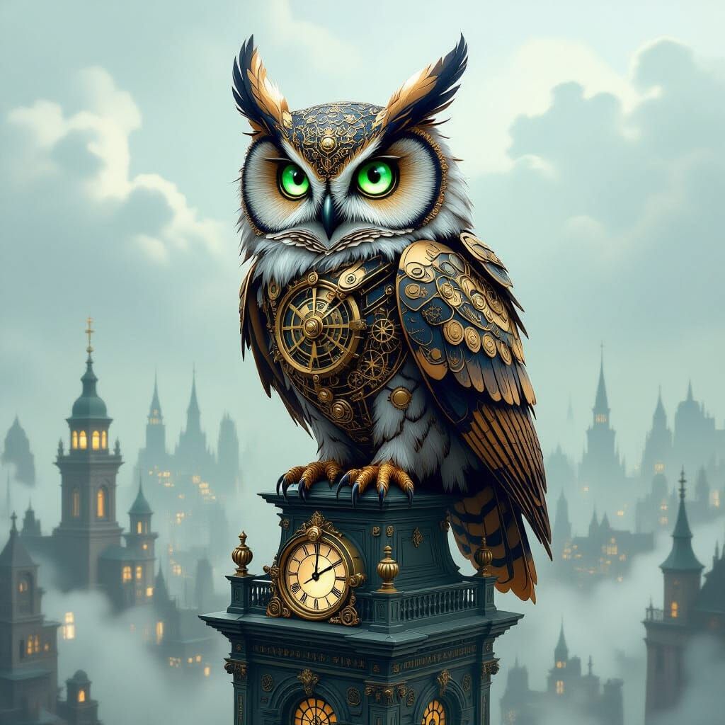 Clockwork Owl on Victorian Observatory in Steampunk Style