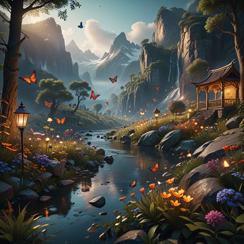 Surreal Mountain Landscape with Vibrant Birds and Butterflie...