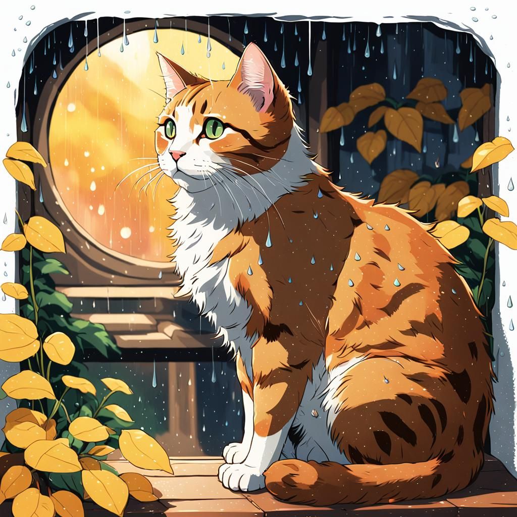 Cozy Cat Watching Rain, Anime Style