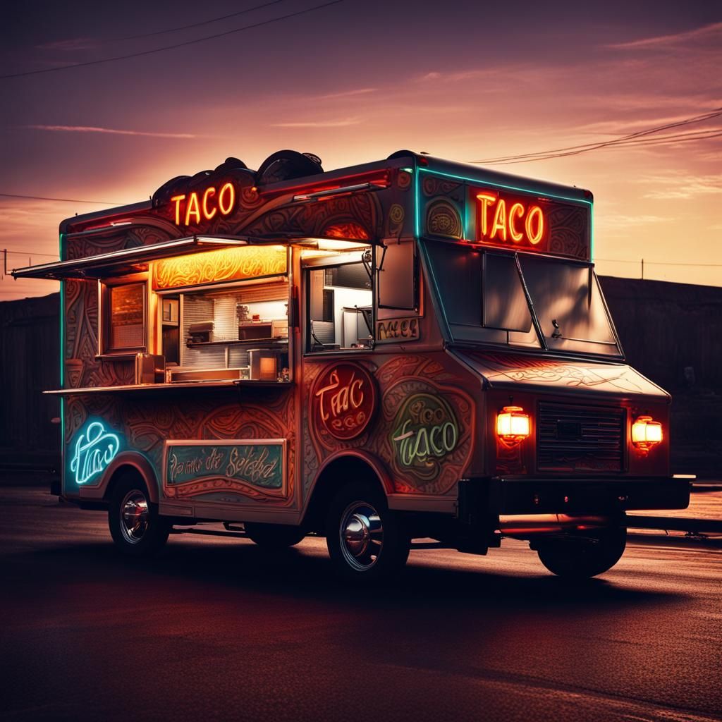 Hyperrealistic Taco Truck with Neon Sign
