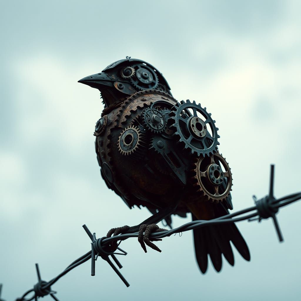 Intricate Metal Bird on Barbed Wire Fence
