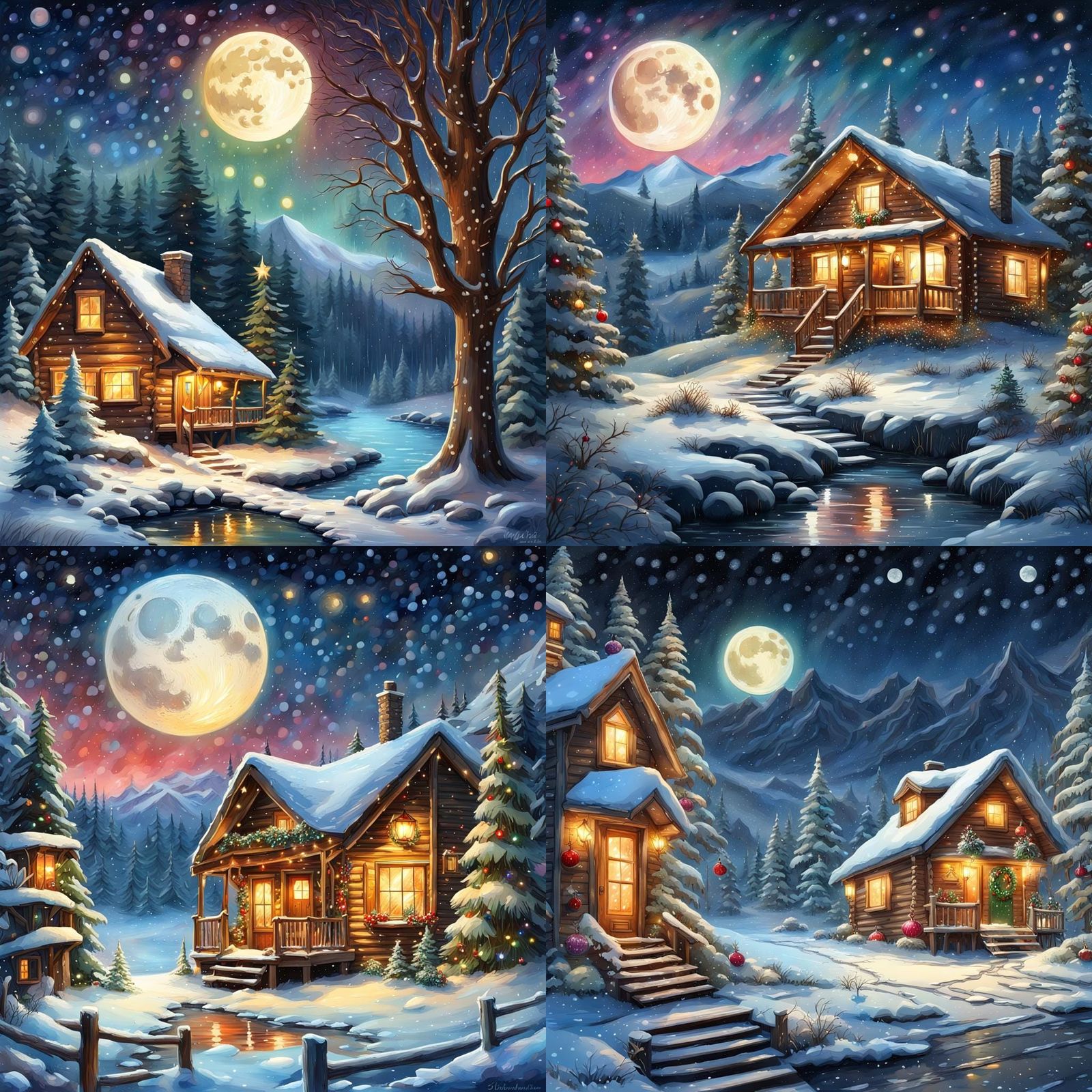 Christmas Cabin in Winter Forest with Stars