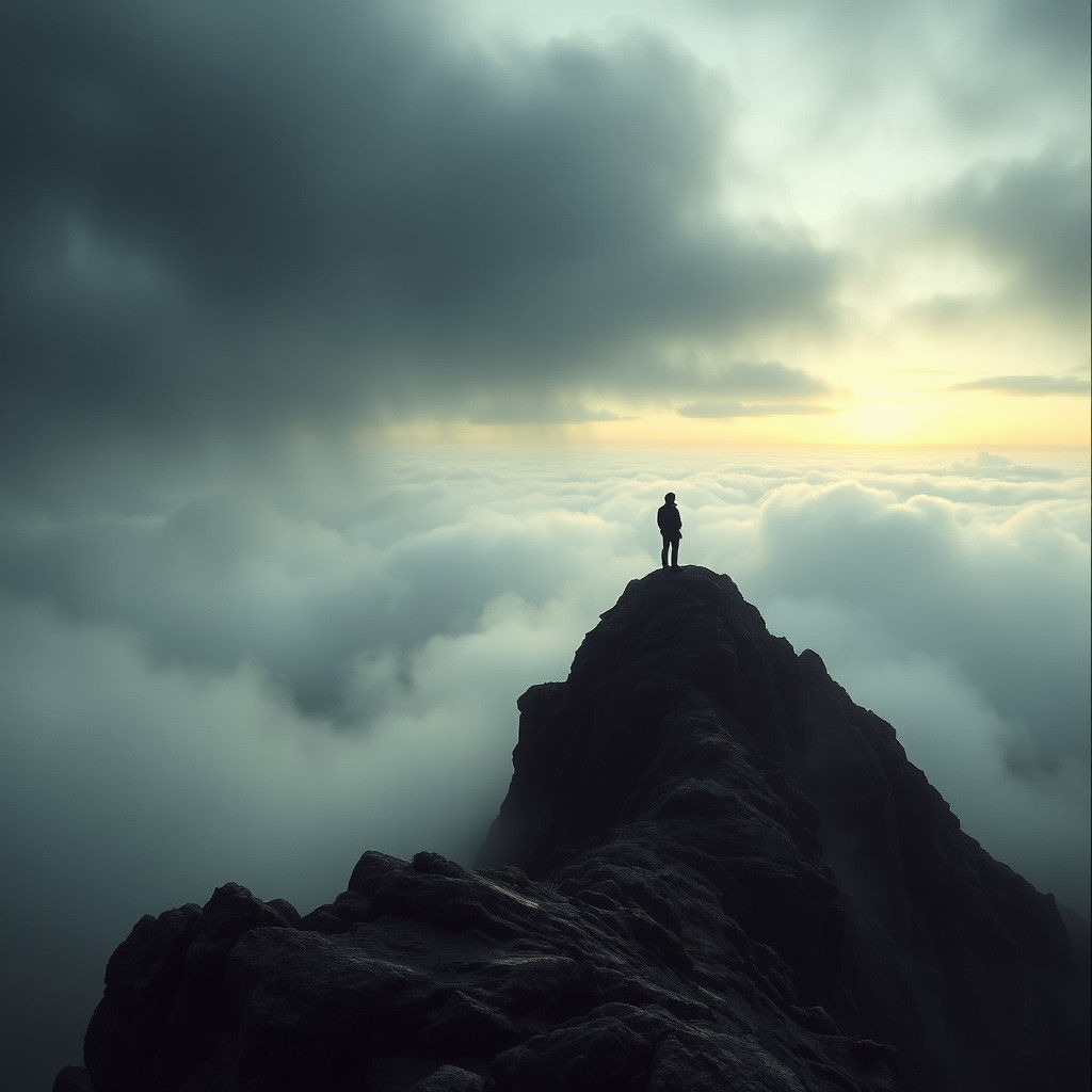 Contemplative Figure in Surrealist Landscape