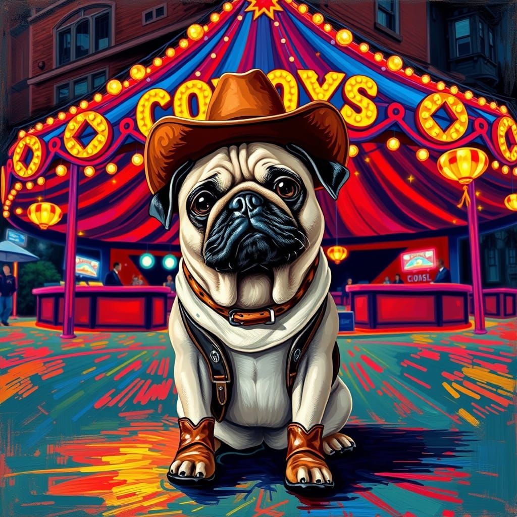 Pug Dog in Vibrant Calgary Cowboys Nightclub Scene, Neo-Impr...