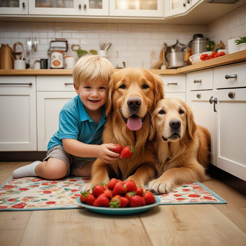 Boy and Dog Eat Strawberries Under Table in Whimsical Art