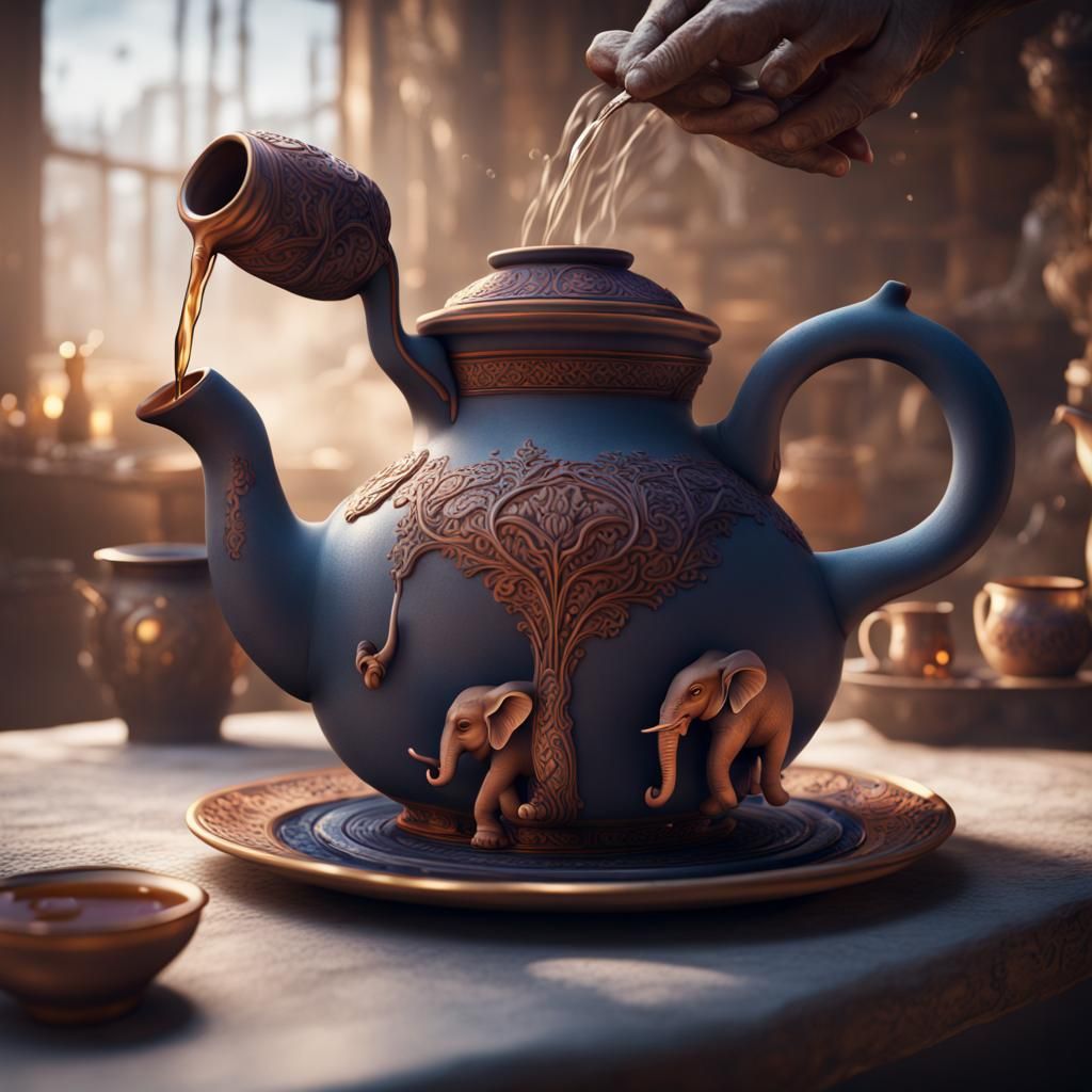 Elephant Teapot Pouring Tea: Detailed Matte Painting