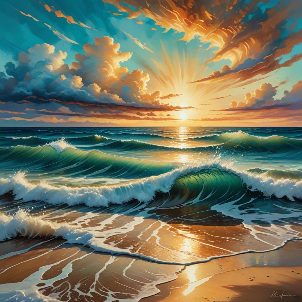 Impressionist Seascape Painting at Sunset in Gouache